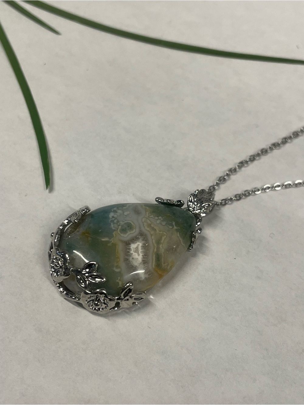 Silver Floral Teardrop Agate Necklace in Green-Blue-Cream.